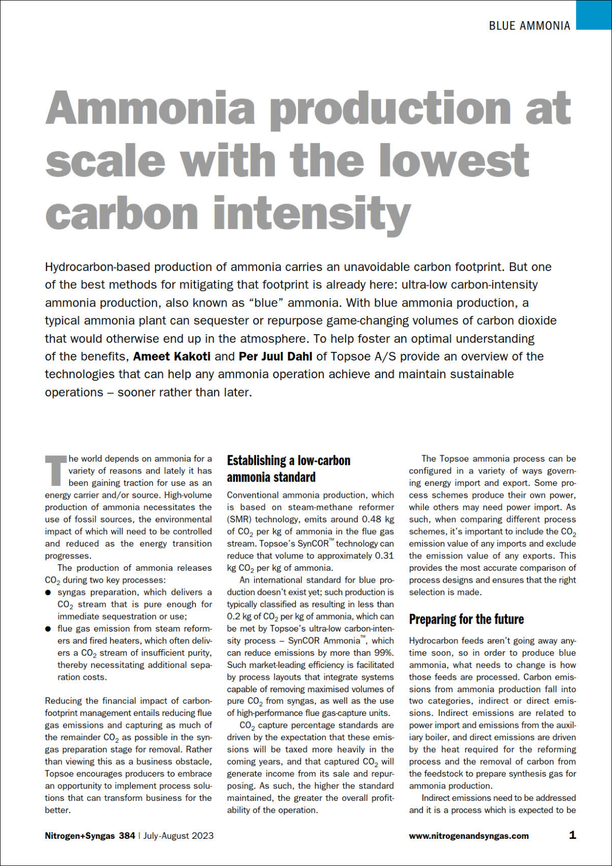 Ammonia production at scale with the lowest carbon intensity featured Image