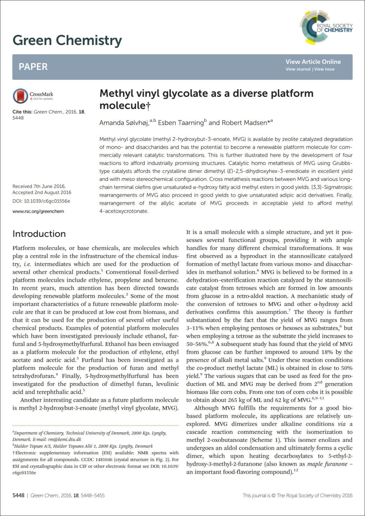 Methyl vinyl glycolate as a diverse platform molecule featured Image