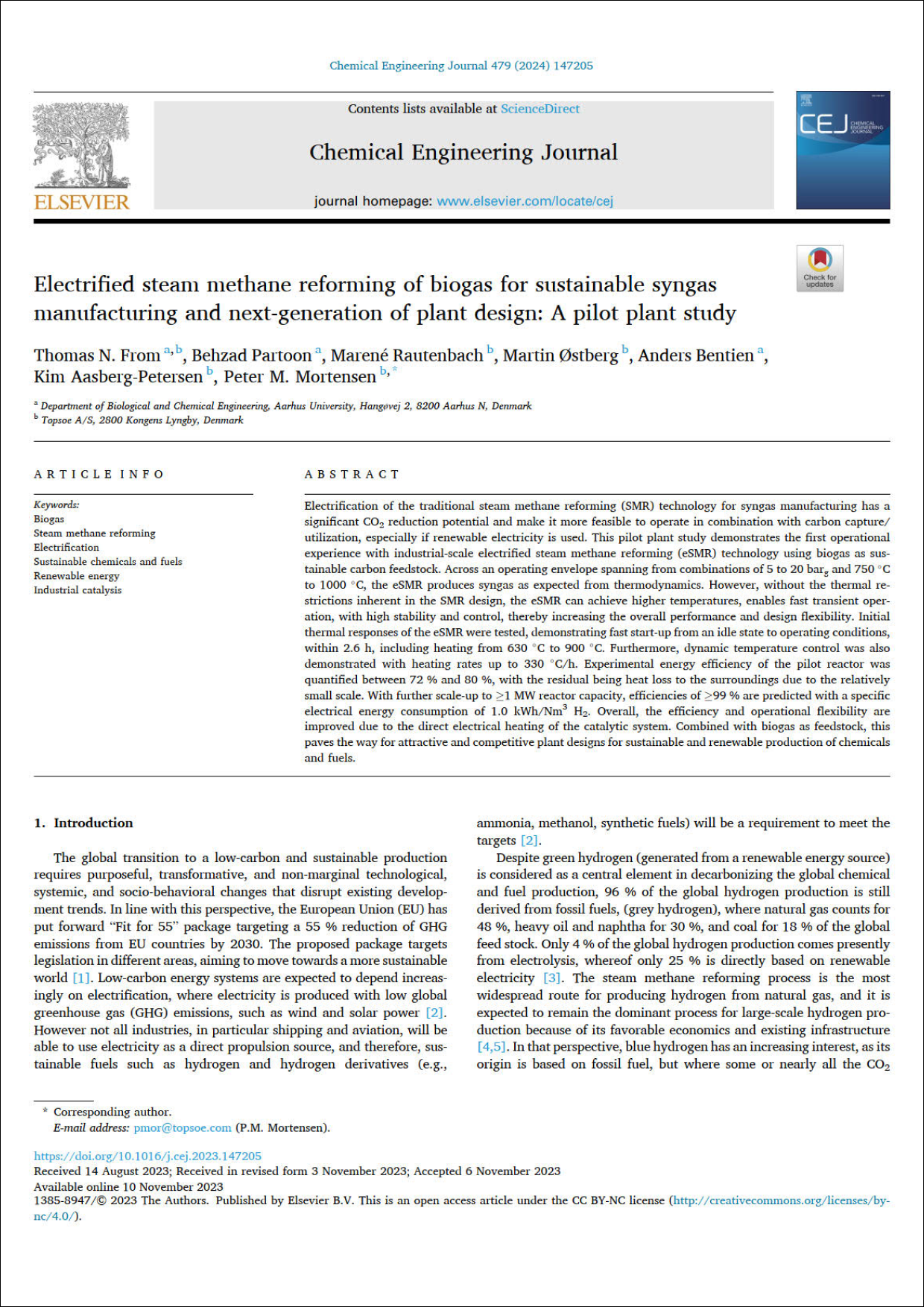 Electrified steam methane reforming of biogas for sustainable syngas  manufacturing and next-generation of plant design: A pilot plant study  featured Image